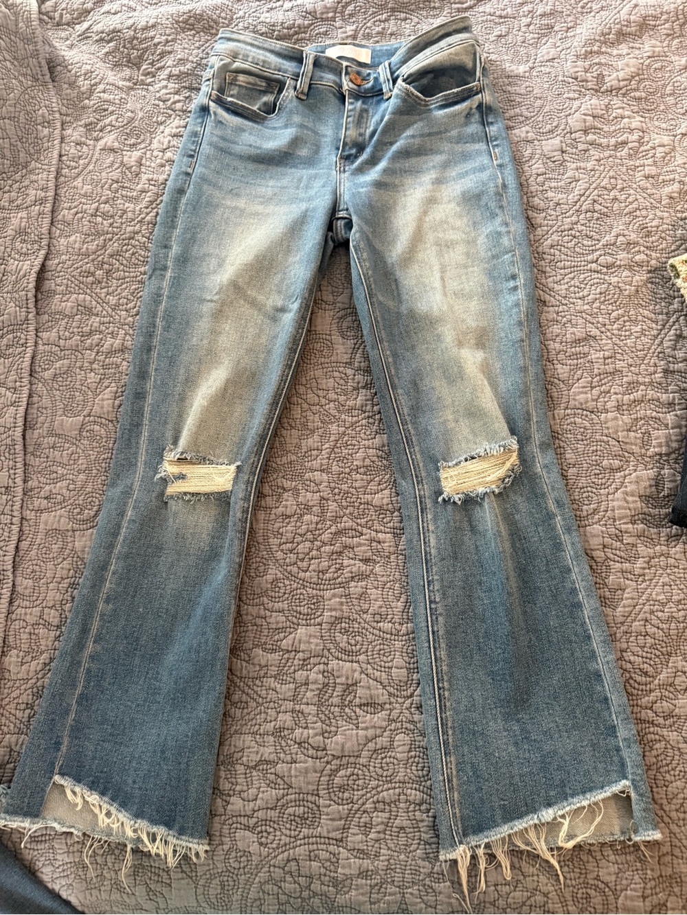 Light Blue Distressed Flare Jeans with Frayed Hem - Picture 2 of 3